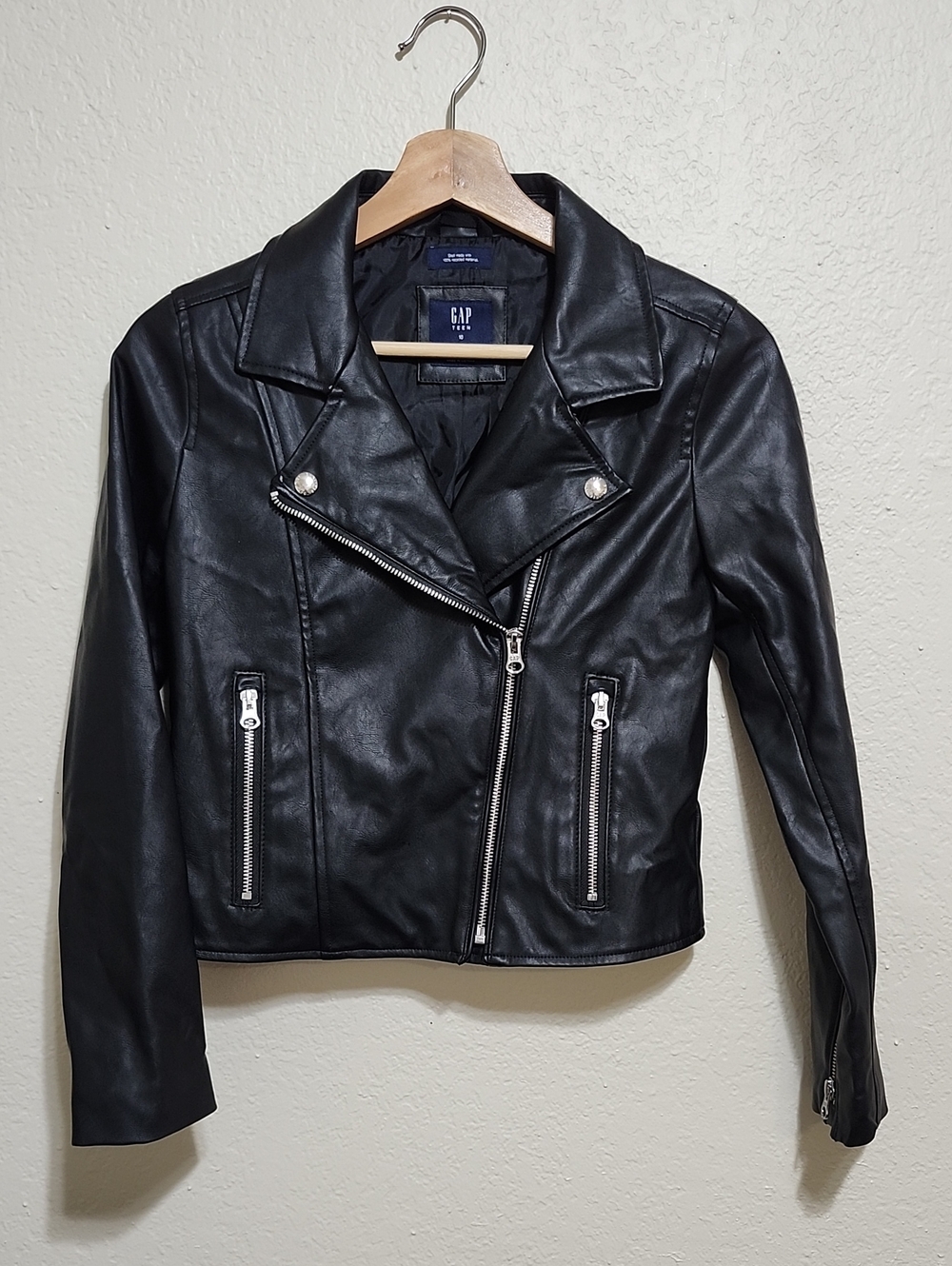 Gap Teen Black Faux-Leather Recycled Moto Biker Jacket - Sz 10 Biker Unisex